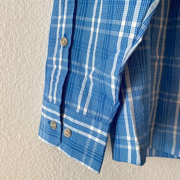 L.L.Bean Shirt M Blue & White Plaid Long Sleeve Tall Rob Button Up Pocket - Picture 6 of 13